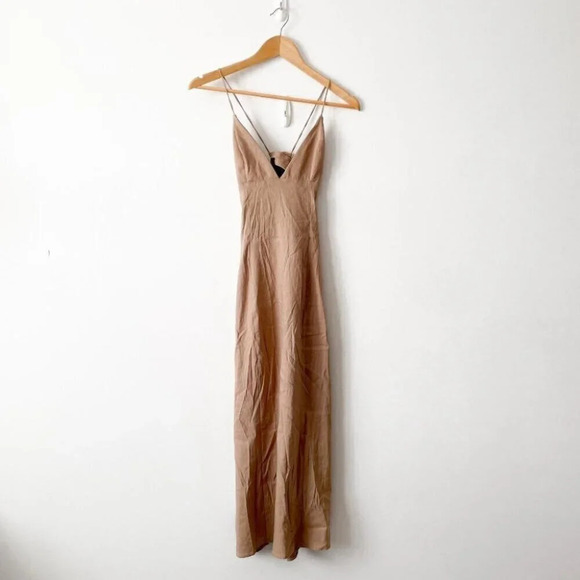 Zara Linen Blend Strappy Open  Back Midi Maxi Dress Beige Tan Brown Size Small - Picture 9 of 16